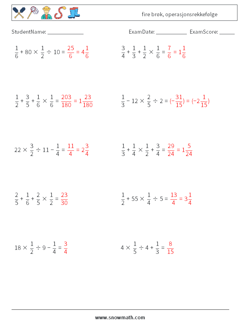 (10) fire brøk, operasjonsrekkefølge MathWorksheets 6 QuestionAnswer