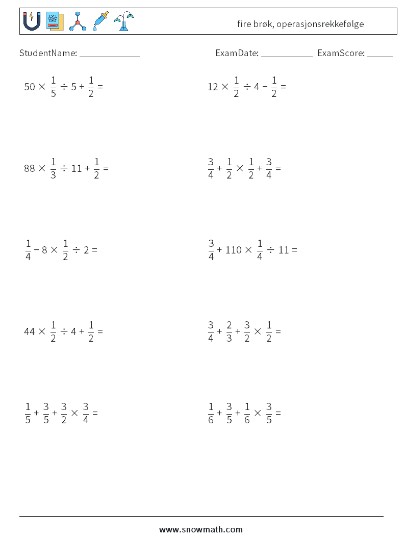 (10) fire brøk, operasjonsrekkefølge MathWorksheets 7