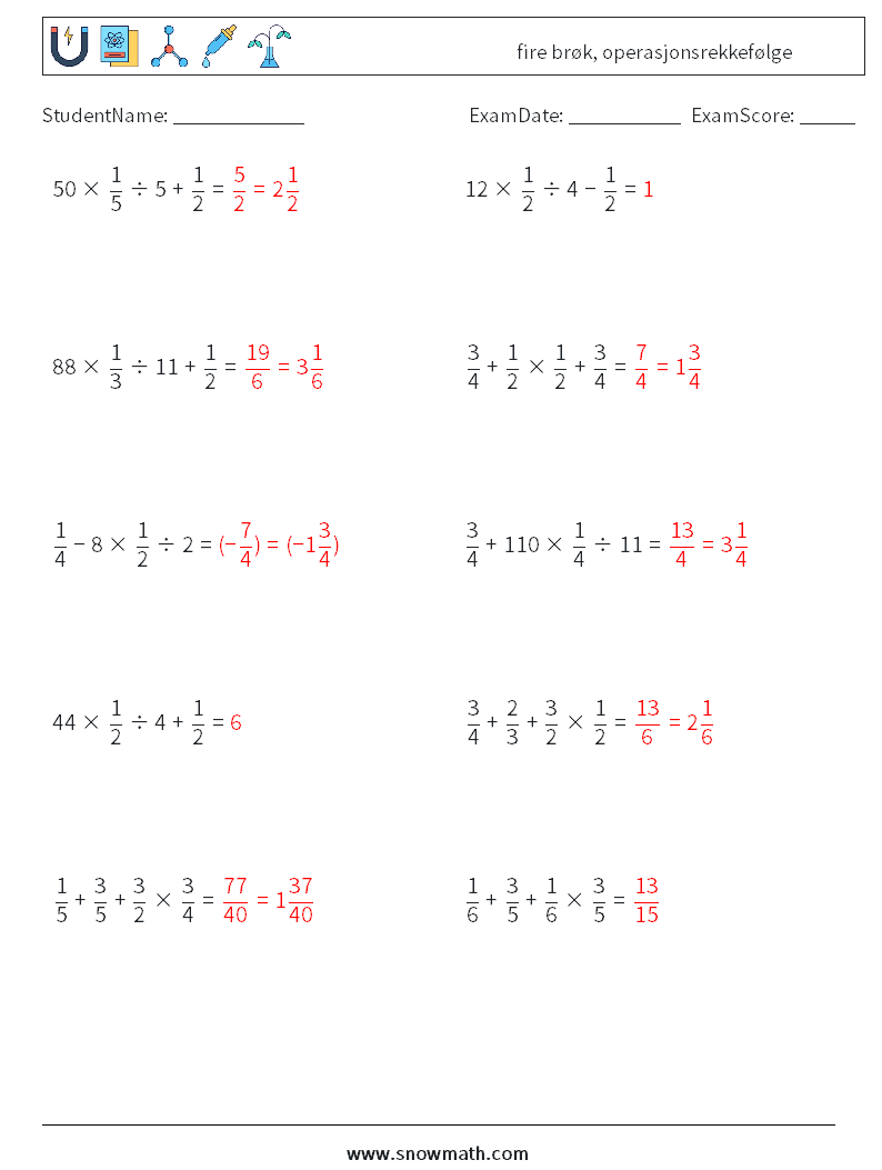 (10) fire brøk, operasjonsrekkefølge MathWorksheets 7 QuestionAnswer