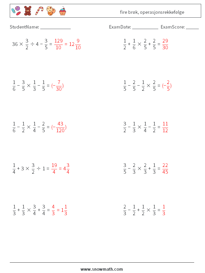 (10) fire brøk, operasjonsrekkefølge MathWorksheets 8 QuestionAnswer