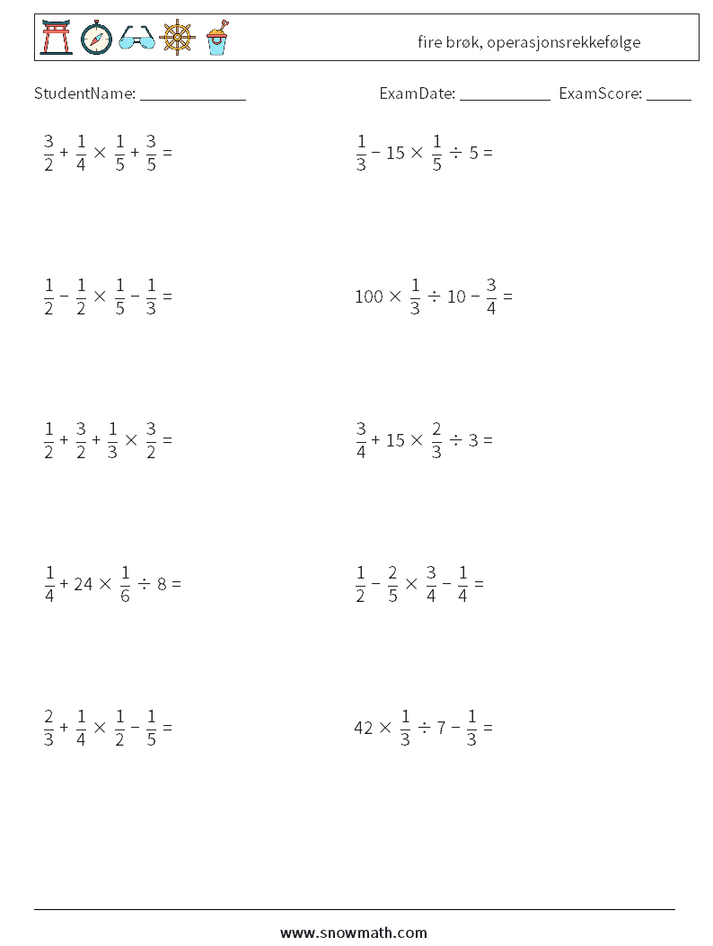 (10) fire brøk, operasjonsrekkefølge MathWorksheets 9