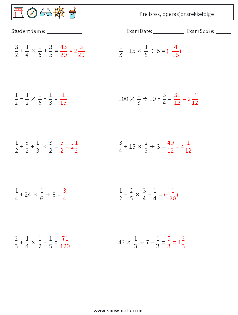 (10) fire brøk, operasjonsrekkefølge MathWorksheets 9 QuestionAnswer