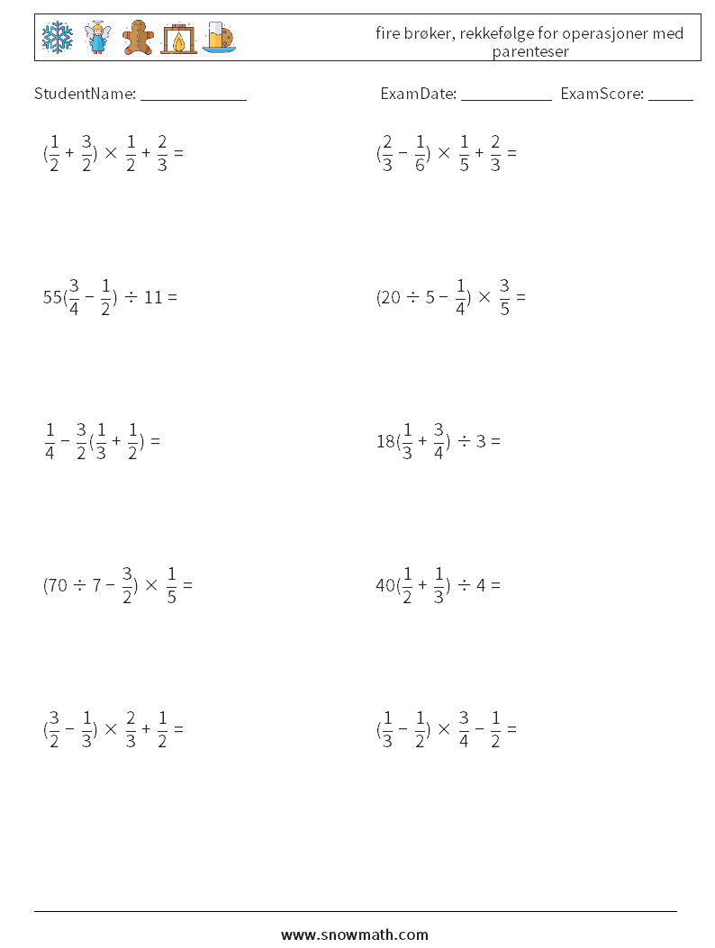 (10) fire brøker, rekkefølge for operasjoner med parenteser MathWorksheets 10