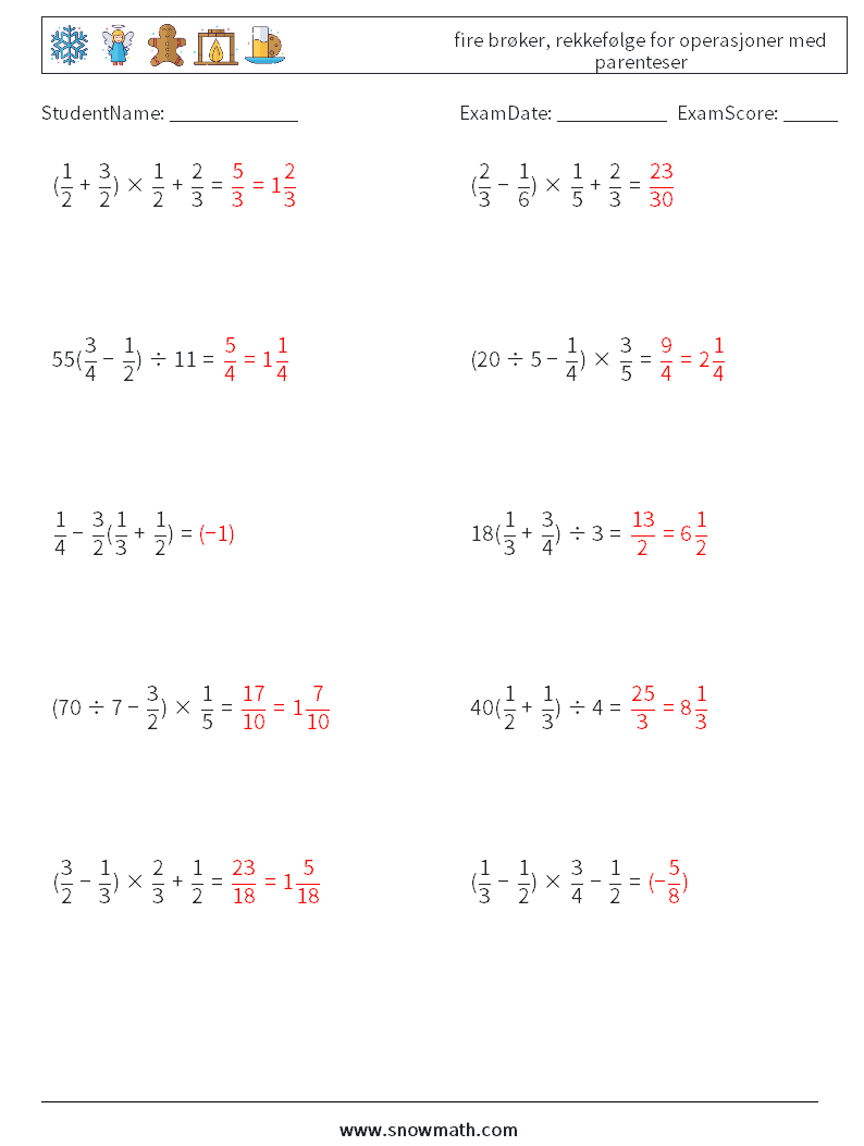 (10) fire brøker, rekkefølge for operasjoner med parenteser MathWorksheets 10 QuestionAnswer