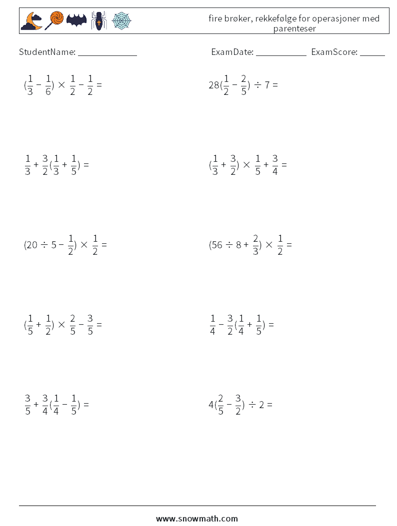 (10) fire brøker, rekkefølge for operasjoner med parenteser MathWorksheets 11