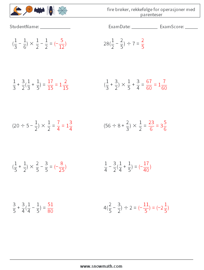 (10) fire brøker, rekkefølge for operasjoner med parenteser MathWorksheets 11 QuestionAnswer