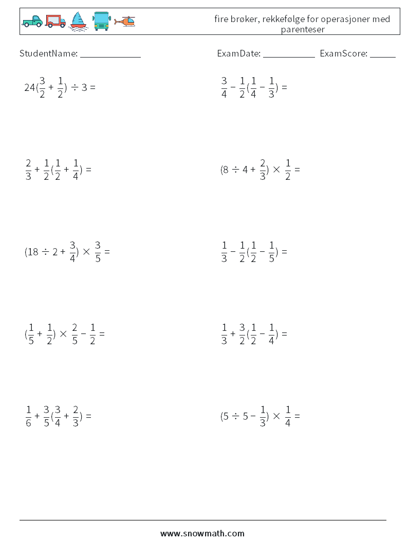 (10) fire brøker, rekkefølge for operasjoner med parenteser MathWorksheets 12