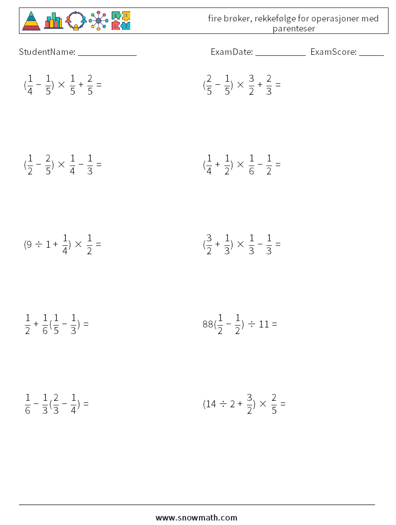 (10) fire brøker, rekkefølge for operasjoner med parenteser MathWorksheets 13