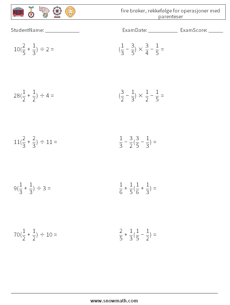 (10) fire brøker, rekkefølge for operasjoner med parenteser MathWorksheets 14