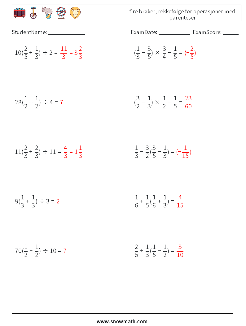 (10) fire brøker, rekkefølge for operasjoner med parenteser MathWorksheets 14 QuestionAnswer