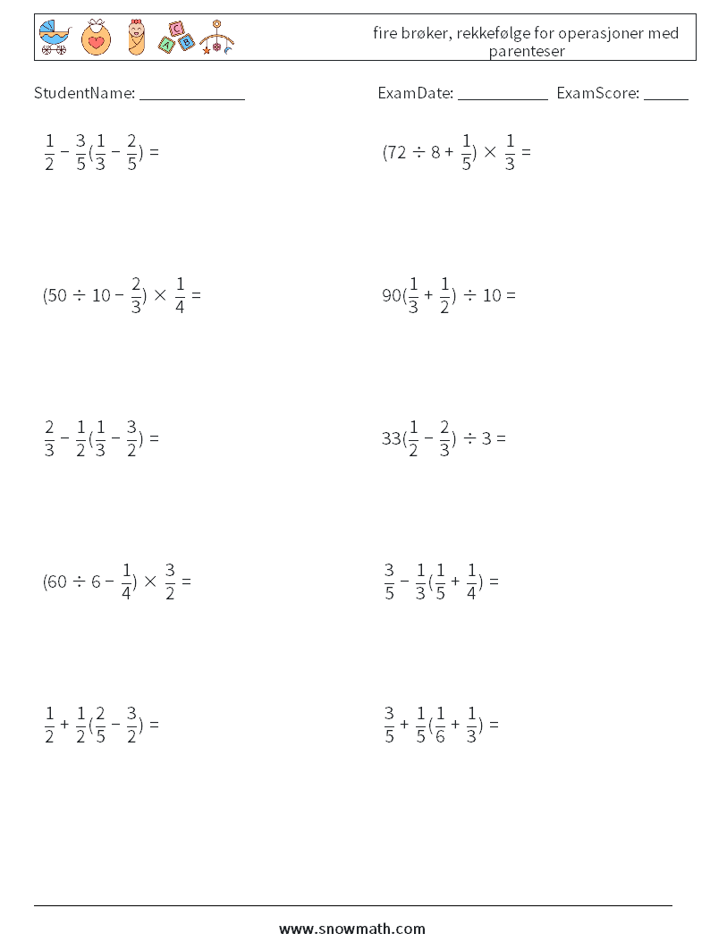 (10) fire brøker, rekkefølge for operasjoner med parenteser MathWorksheets 15