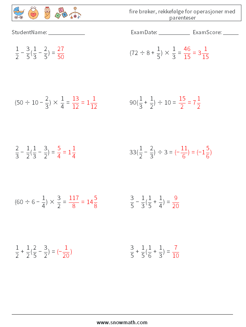 (10) fire brøker, rekkefølge for operasjoner med parenteser MathWorksheets 15 QuestionAnswer