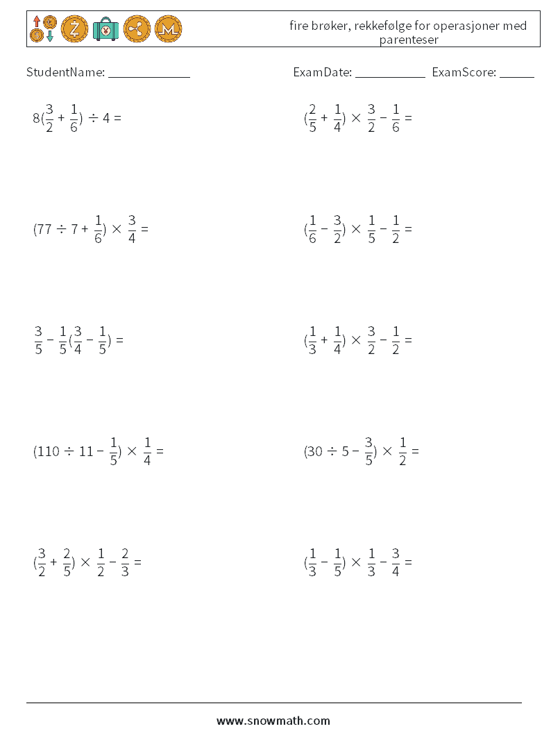 (10) fire brøker, rekkefølge for operasjoner med parenteser MathWorksheets 16