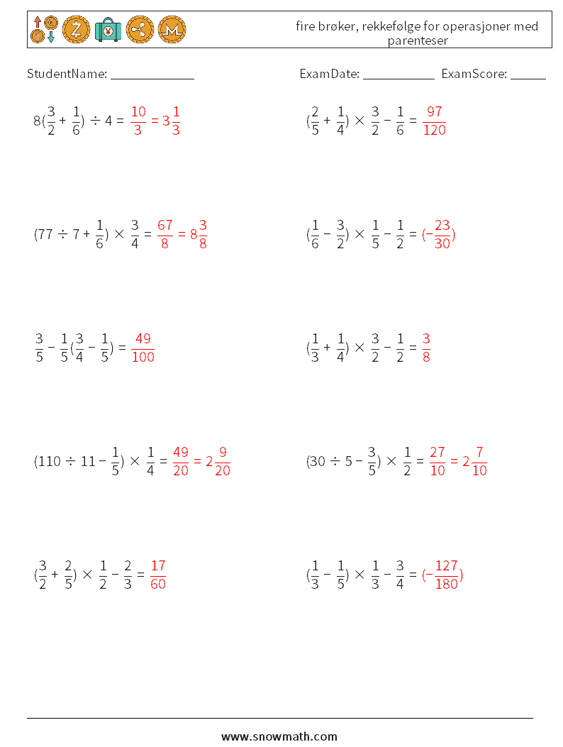 (10) fire brøker, rekkefølge for operasjoner med parenteser MathWorksheets 16 QuestionAnswer