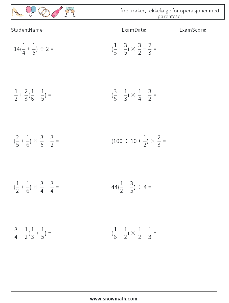 (10) fire brøker, rekkefølge for operasjoner med parenteser MathWorksheets 18