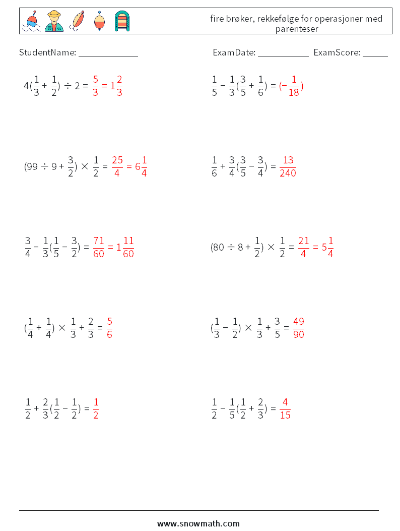 (10) fire brøker, rekkefølge for operasjoner med parenteser MathWorksheets 1 QuestionAnswer