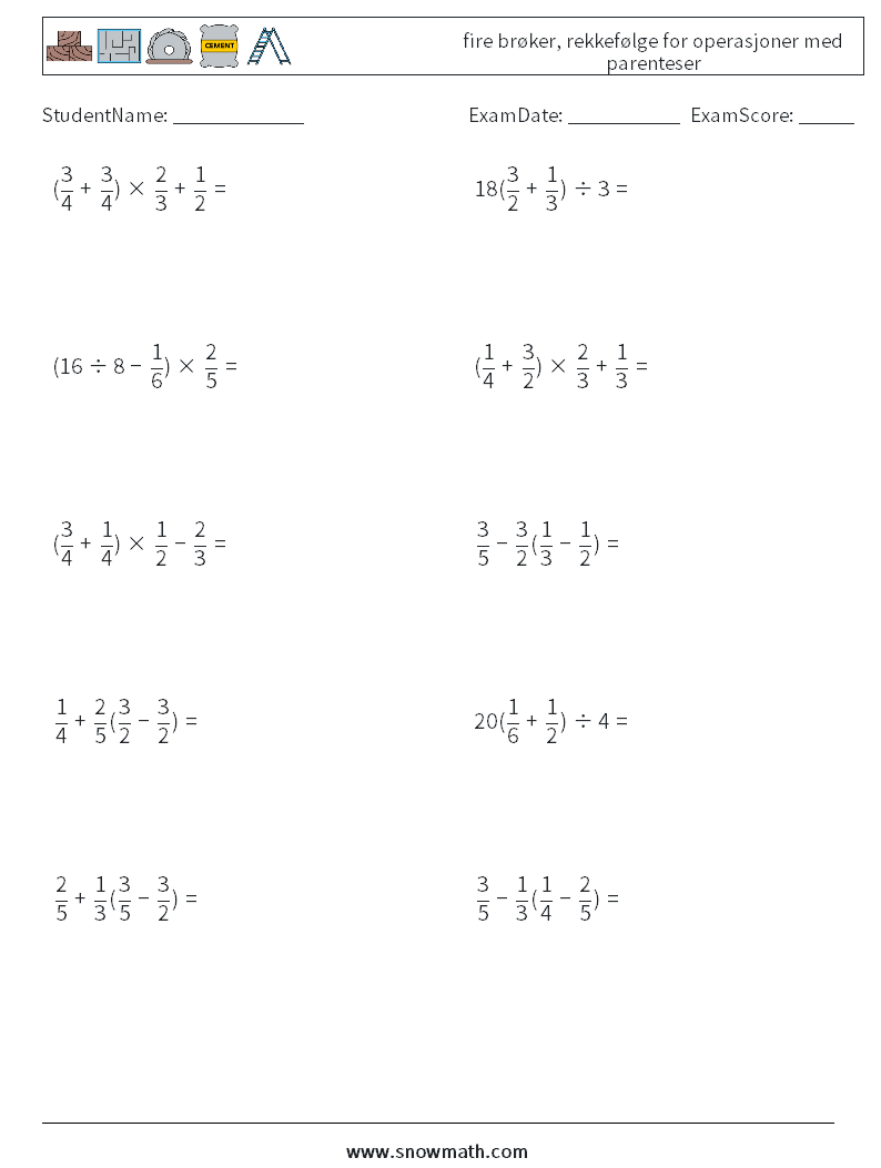 (10) fire brøker, rekkefølge for operasjoner med parenteser MathWorksheets 2