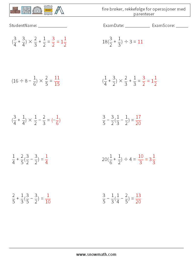 (10) fire brøker, rekkefølge for operasjoner med parenteser MathWorksheets 2 QuestionAnswer