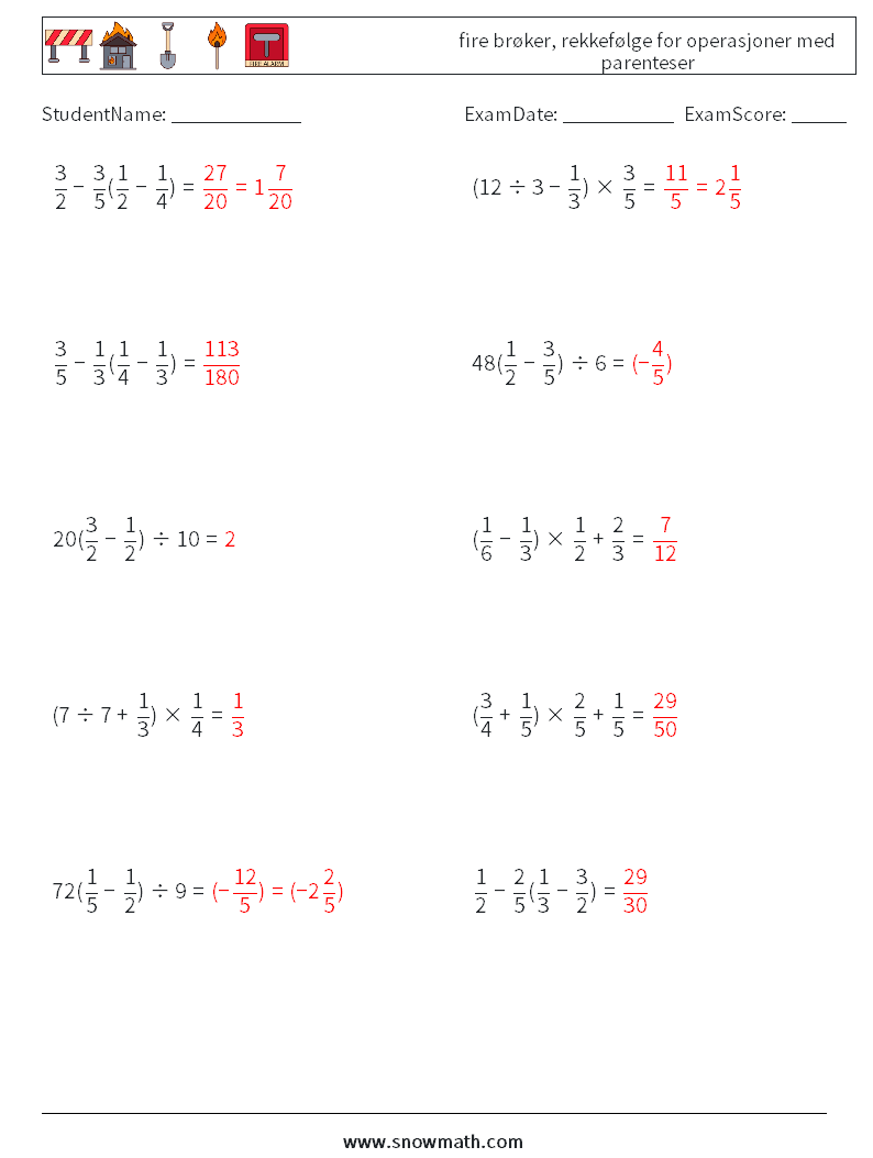 (10) fire brøker, rekkefølge for operasjoner med parenteser MathWorksheets 3 QuestionAnswer