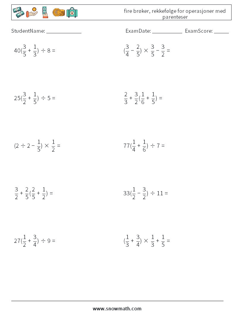 (10) fire brøker, rekkefølge for operasjoner med parenteser MathWorksheets 4