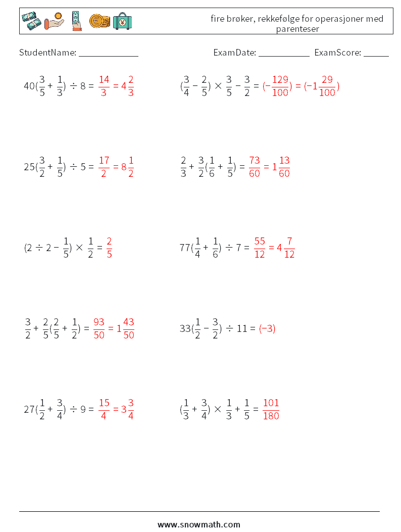 (10) fire brøker, rekkefølge for operasjoner med parenteser MathWorksheets 4 QuestionAnswer