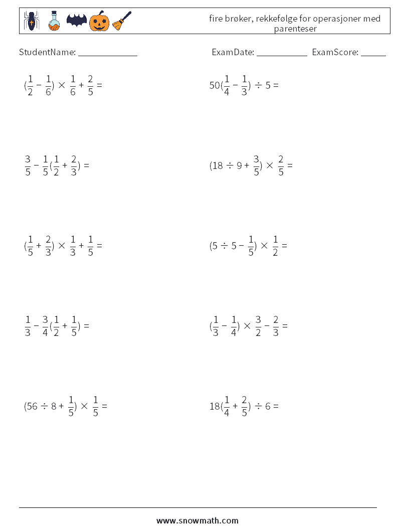 (10) fire brøker, rekkefølge for operasjoner med parenteser MathWorksheets 5