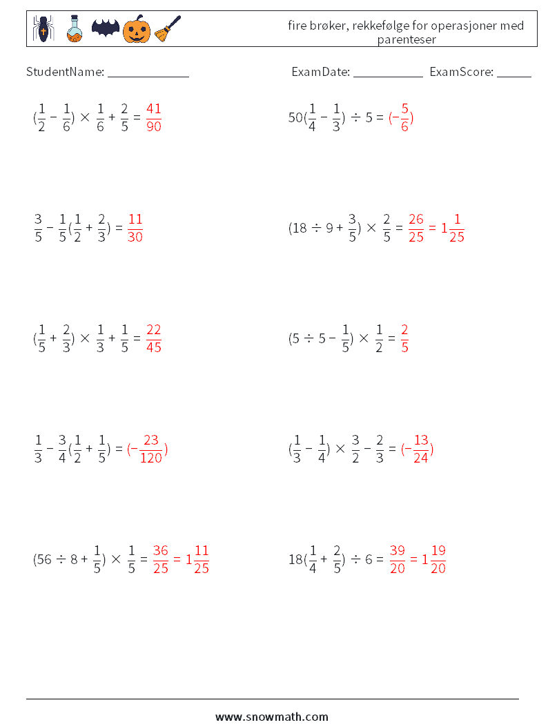 (10) fire brøker, rekkefølge for operasjoner med parenteser MathWorksheets 5 QuestionAnswer