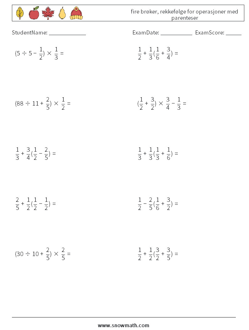 (10) fire brøker, rekkefølge for operasjoner med parenteser MathWorksheets 6