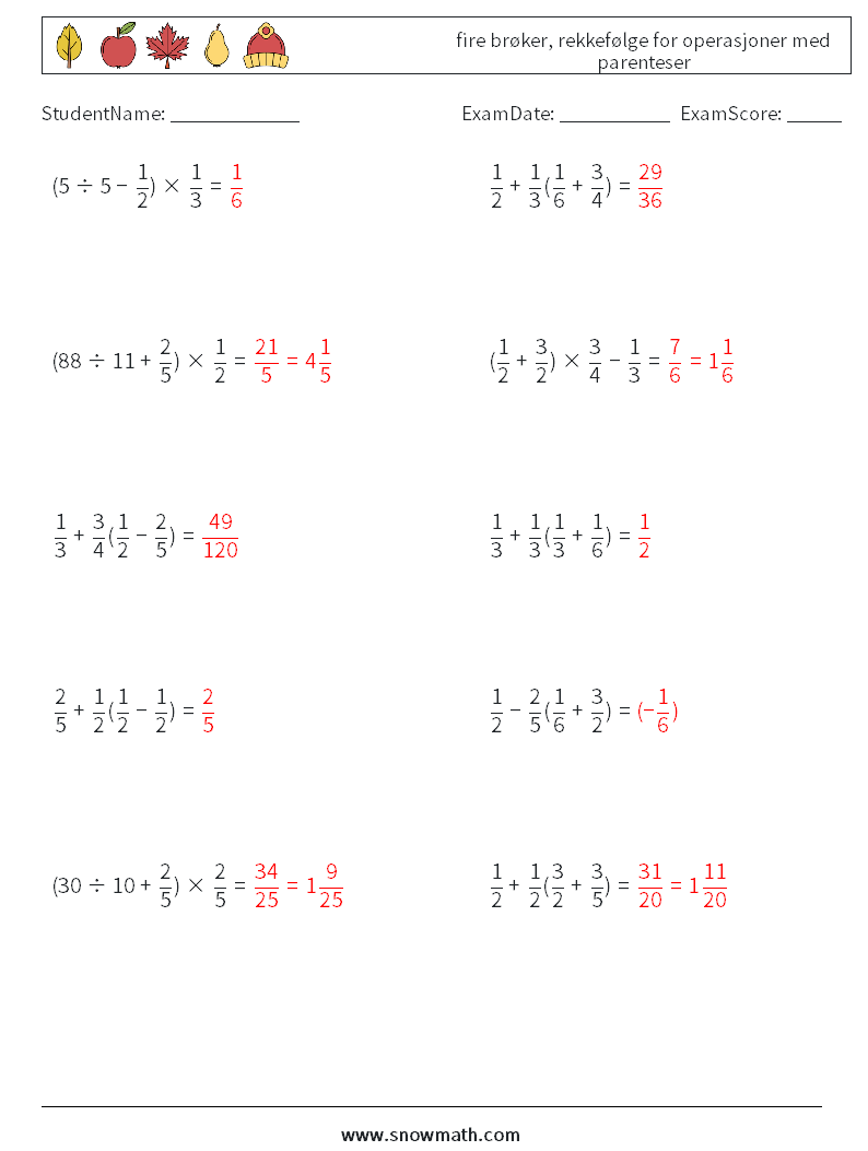 (10) fire brøker, rekkefølge for operasjoner med parenteser MathWorksheets 6 QuestionAnswer