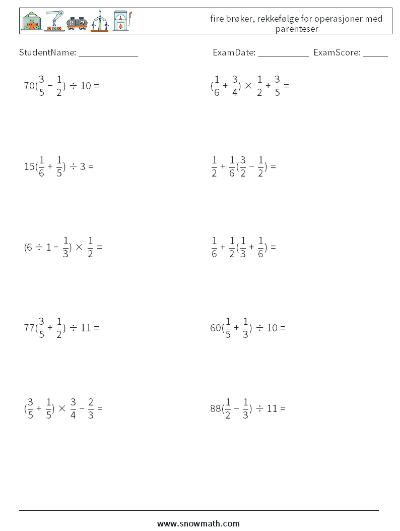 (10) fire brøker, rekkefølge for operasjoner med parenteser MathWorksheets 7