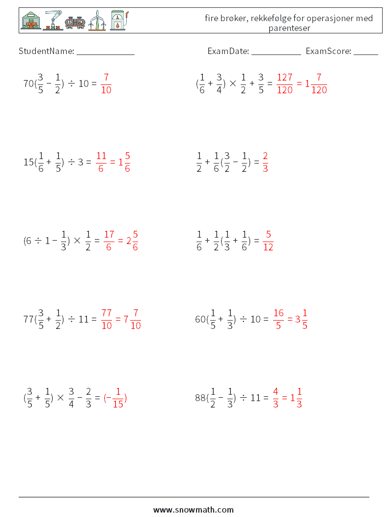 (10) fire brøker, rekkefølge for operasjoner med parenteser MathWorksheets 7 QuestionAnswer