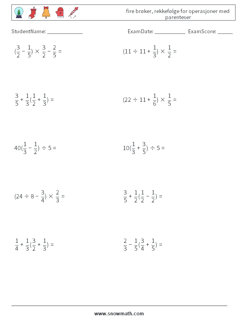 (10) fire brøker, rekkefølge for operasjoner med parenteser MathWorksheets 8