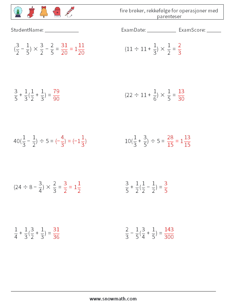 (10) fire brøker, rekkefølge for operasjoner med parenteser MathWorksheets 8 QuestionAnswer