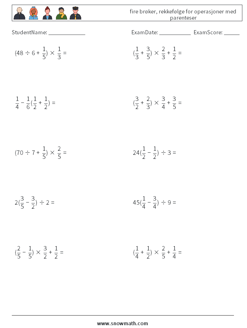 (10) fire brøker, rekkefølge for operasjoner med parenteser MathWorksheets 9