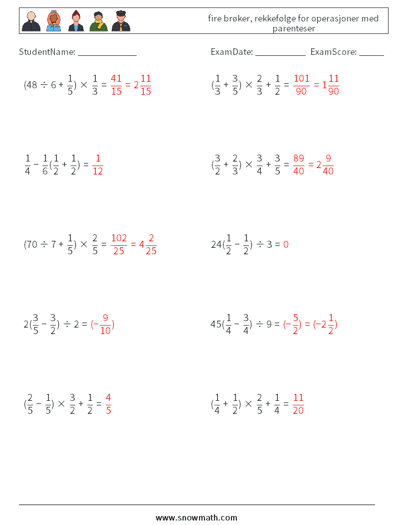 (10) fire brøker, rekkefølge for operasjoner med parenteser MathWorksheets 9 QuestionAnswer