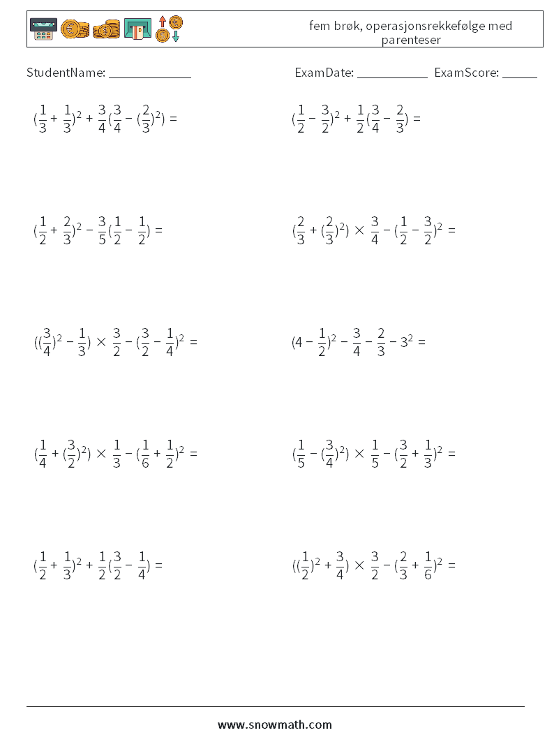 (10) fem brøk, operasjonsrekkefølge med parenteser MathWorksheets 10