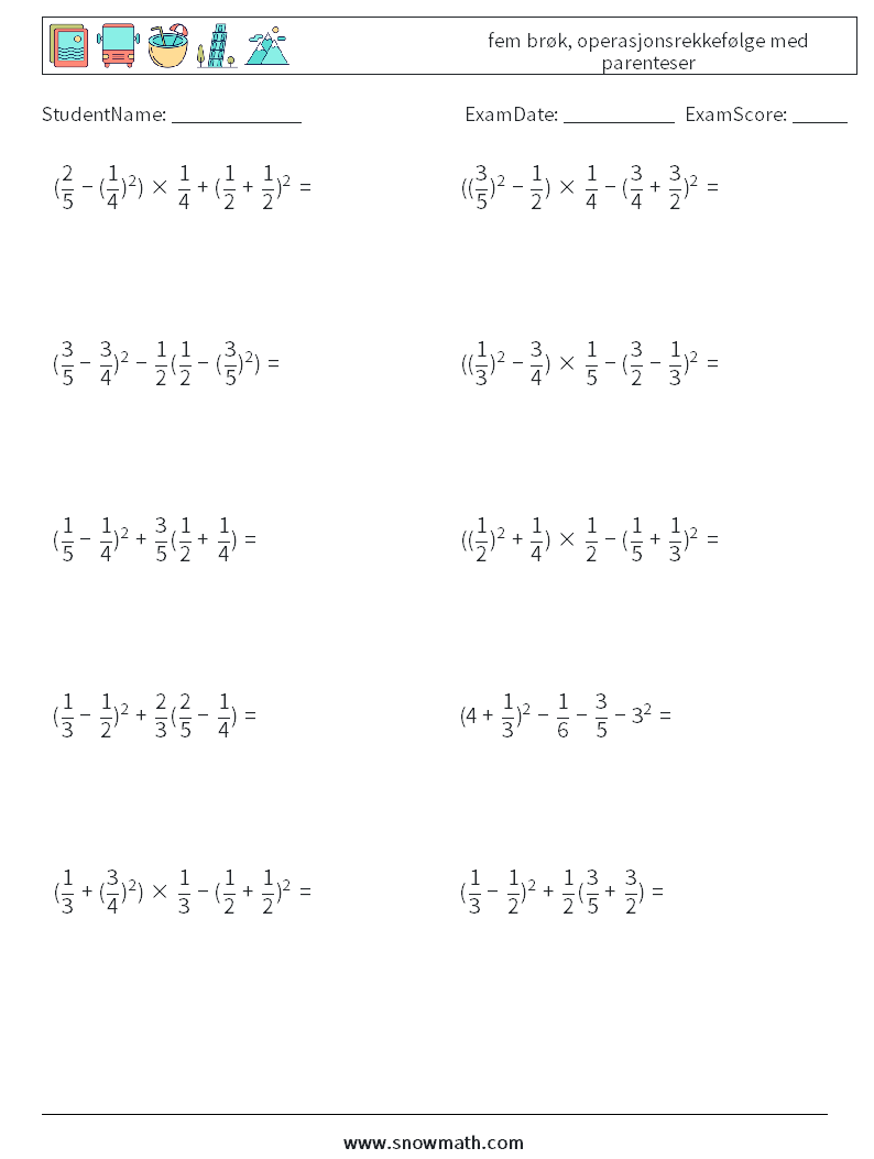 (10) fem brøk, operasjonsrekkefølge med parenteser MathWorksheets 11