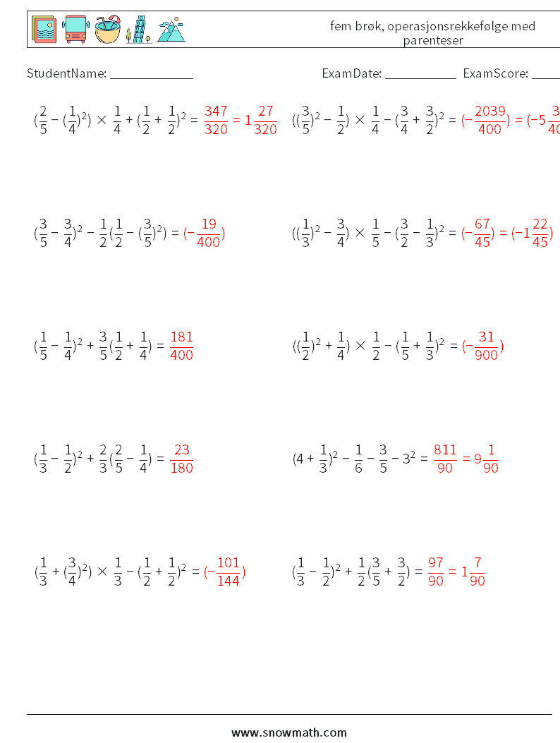 (10) fem brøk, operasjonsrekkefølge med parenteser MathWorksheets 11 QuestionAnswer