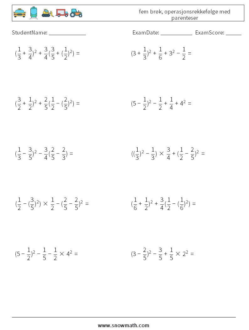 (10) fem brøk, operasjonsrekkefølge med parenteser MathWorksheets 12