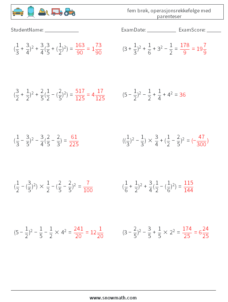 (10) fem brøk, operasjonsrekkefølge med parenteser MathWorksheets 12 QuestionAnswer