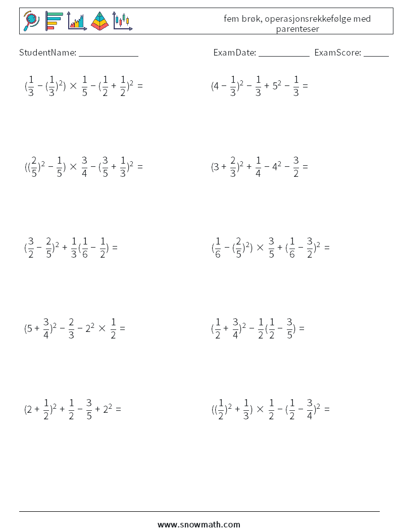 (10) fem brøk, operasjonsrekkefølge med parenteser MathWorksheets 13