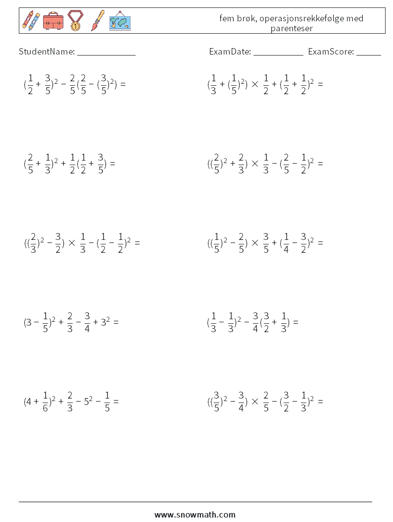 (10) fem brøk, operasjonsrekkefølge med parenteser MathWorksheets 14