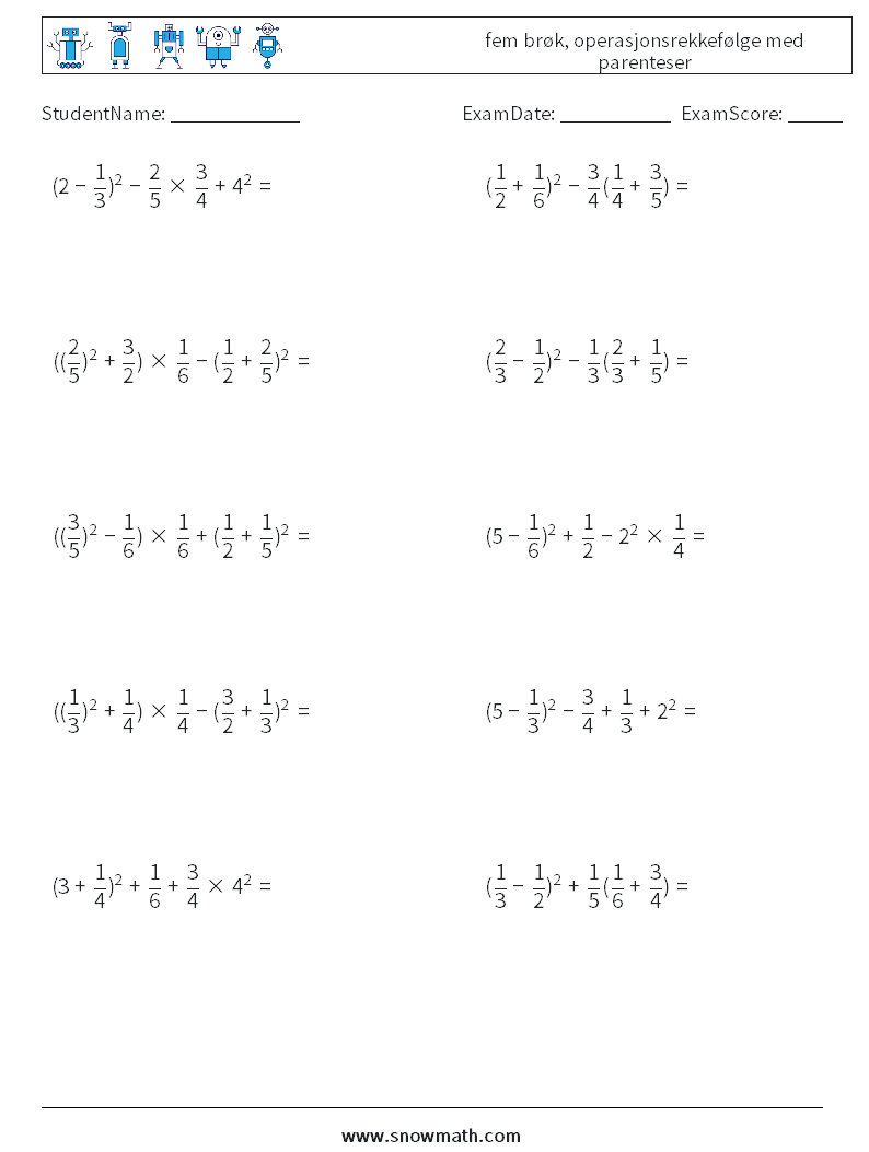 (10) fem brøk, operasjonsrekkefølge med parenteser MathWorksheets 16