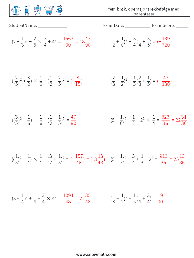 (10) fem brøk, operasjonsrekkefølge med parenteser MathWorksheets 16 QuestionAnswer