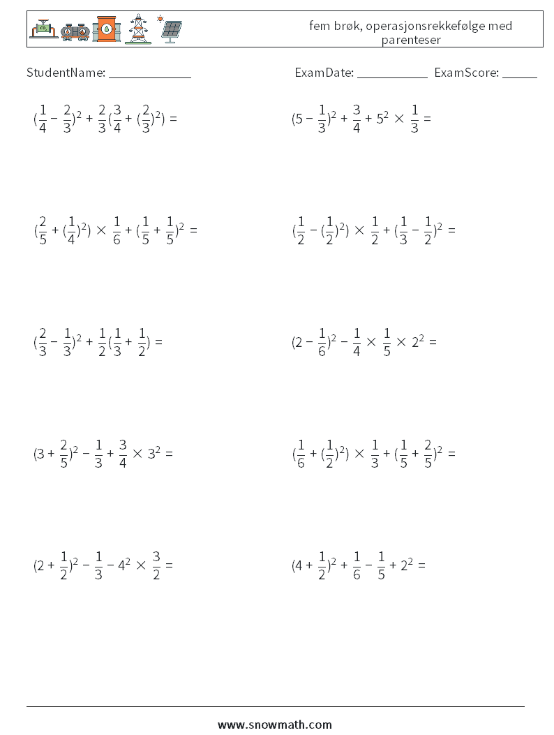 (10) fem brøk, operasjonsrekkefølge med parenteser MathWorksheets 17