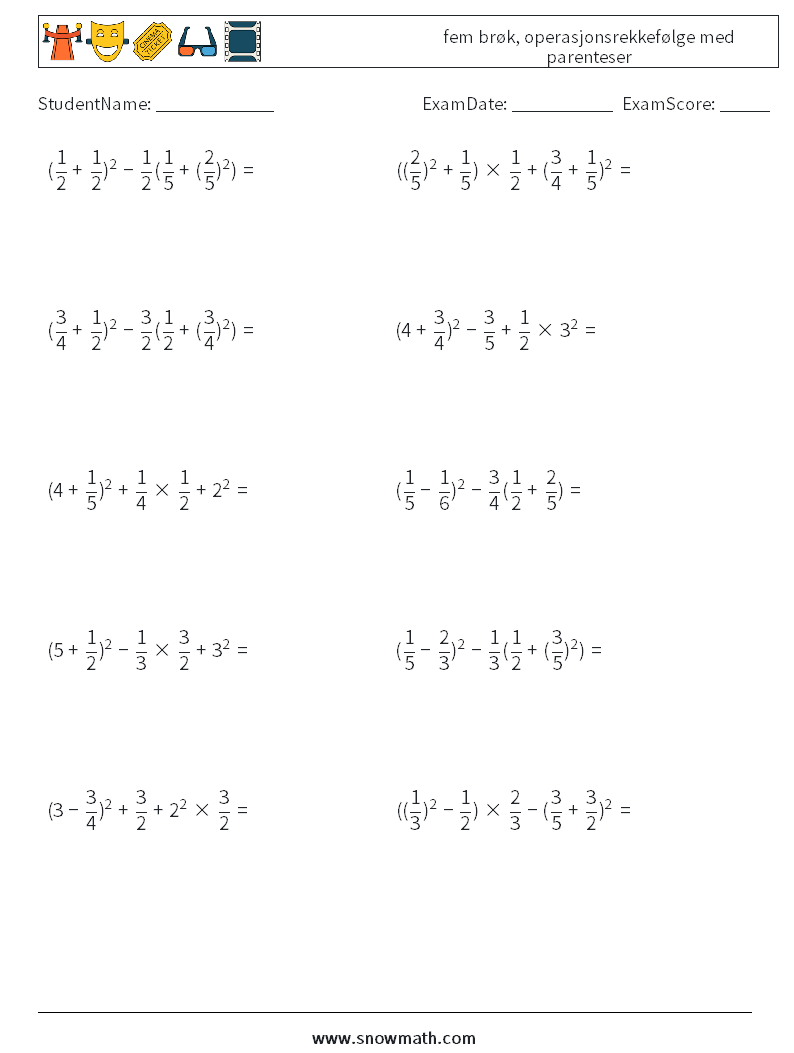 (10) fem brøk, operasjonsrekkefølge med parenteser MathWorksheets 18