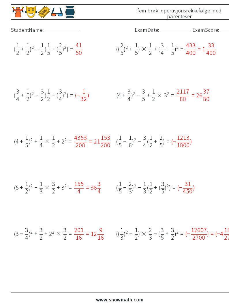 (10) fem brøk, operasjonsrekkefølge med parenteser MathWorksheets 18 QuestionAnswer