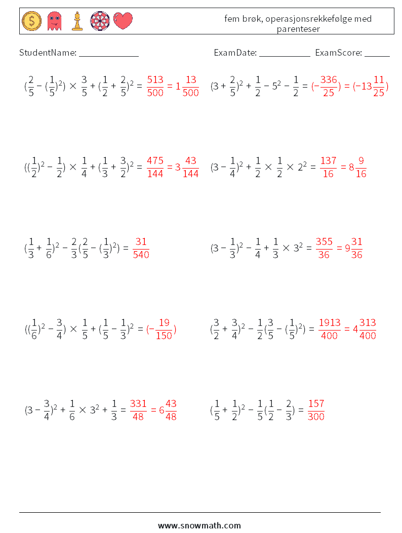 (10) fem brøk, operasjonsrekkefølge med parenteser MathWorksheets 1 QuestionAnswer