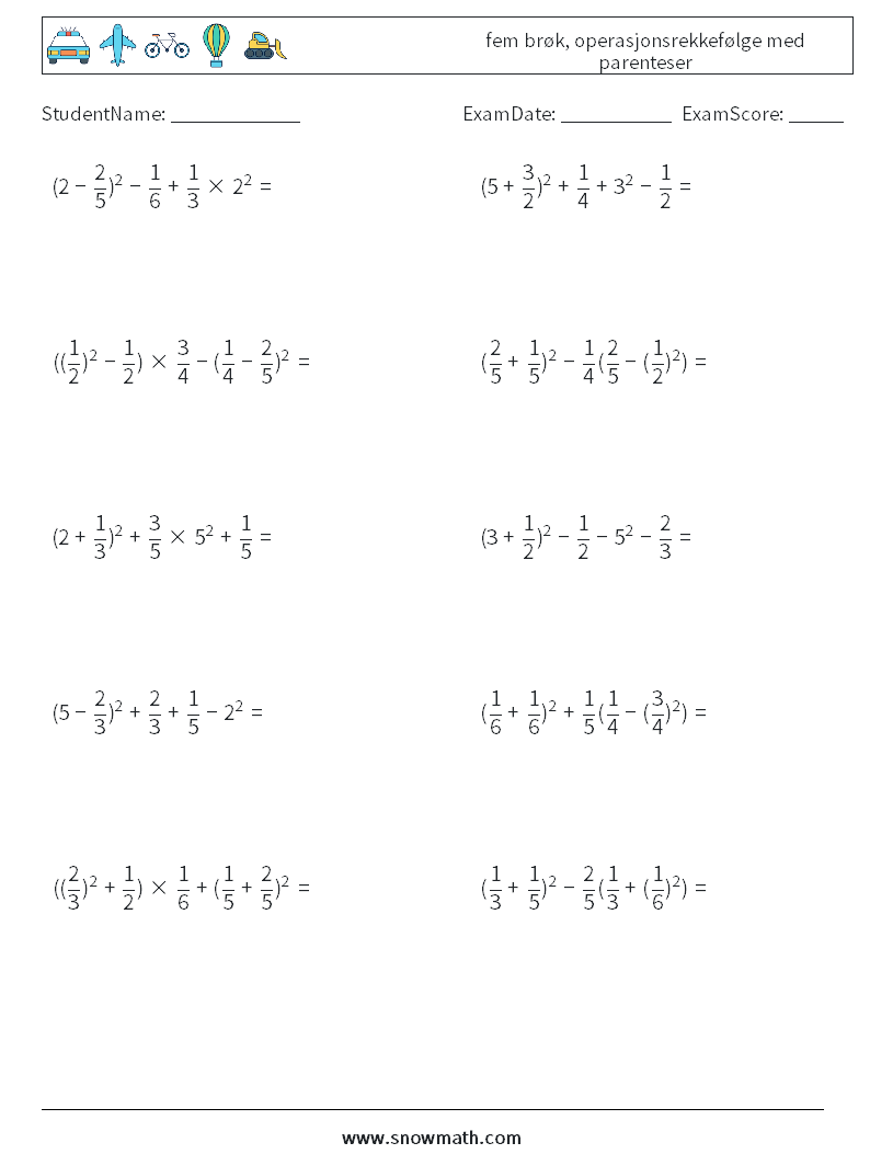 (10) fem brøk, operasjonsrekkefølge med parenteser MathWorksheets 2