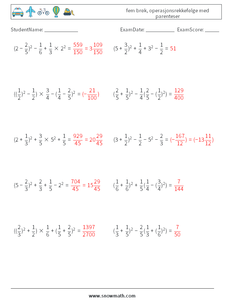 (10) fem brøk, operasjonsrekkefølge med parenteser MathWorksheets 2 QuestionAnswer